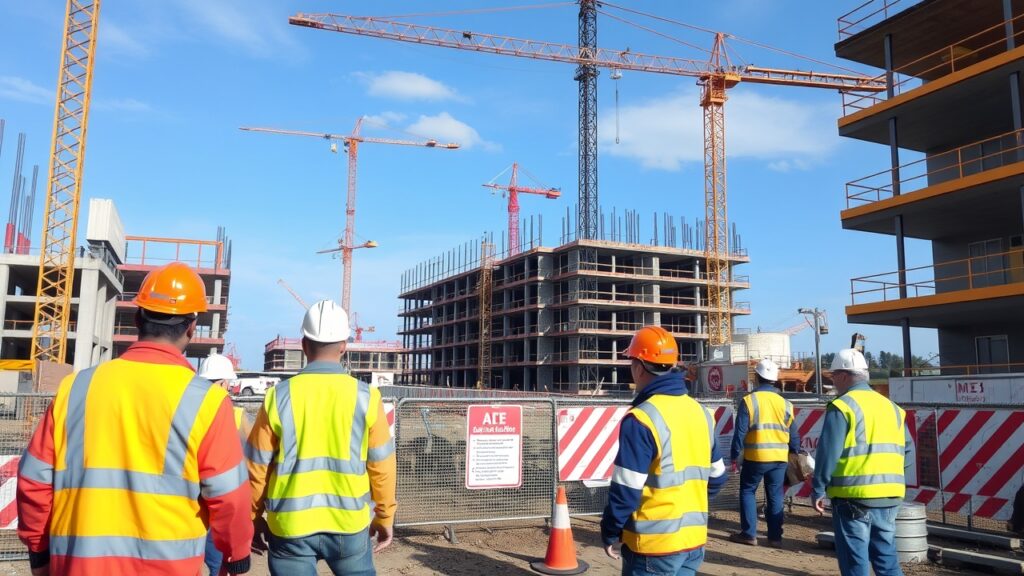 A busy construction site in Canada showcasing workers following safety protocols with visible signage for regulations