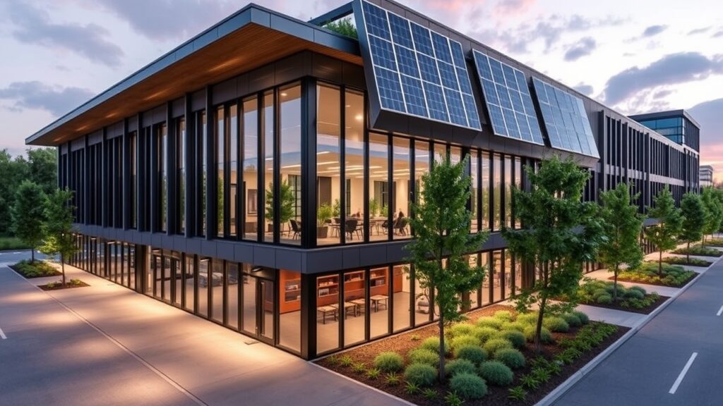 A modern office building showcasing smart technology integration with solar panels, automated lighting, and green spaces
