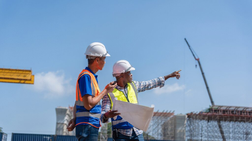 A friendly contractor discussing plans with a homeowner at a construction site in Calgary